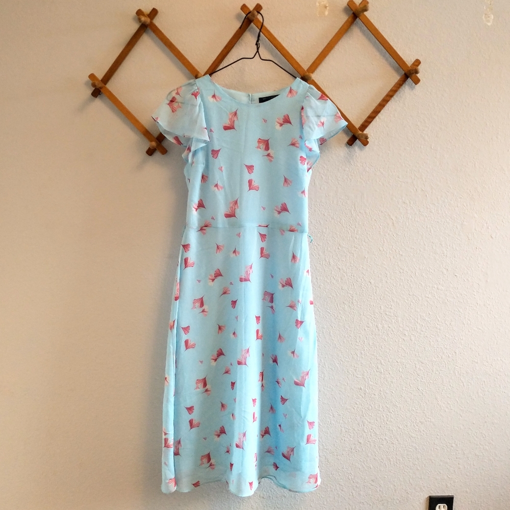 Banana Republic Blue w Pink Ginkgo Leaves Midi Dress
